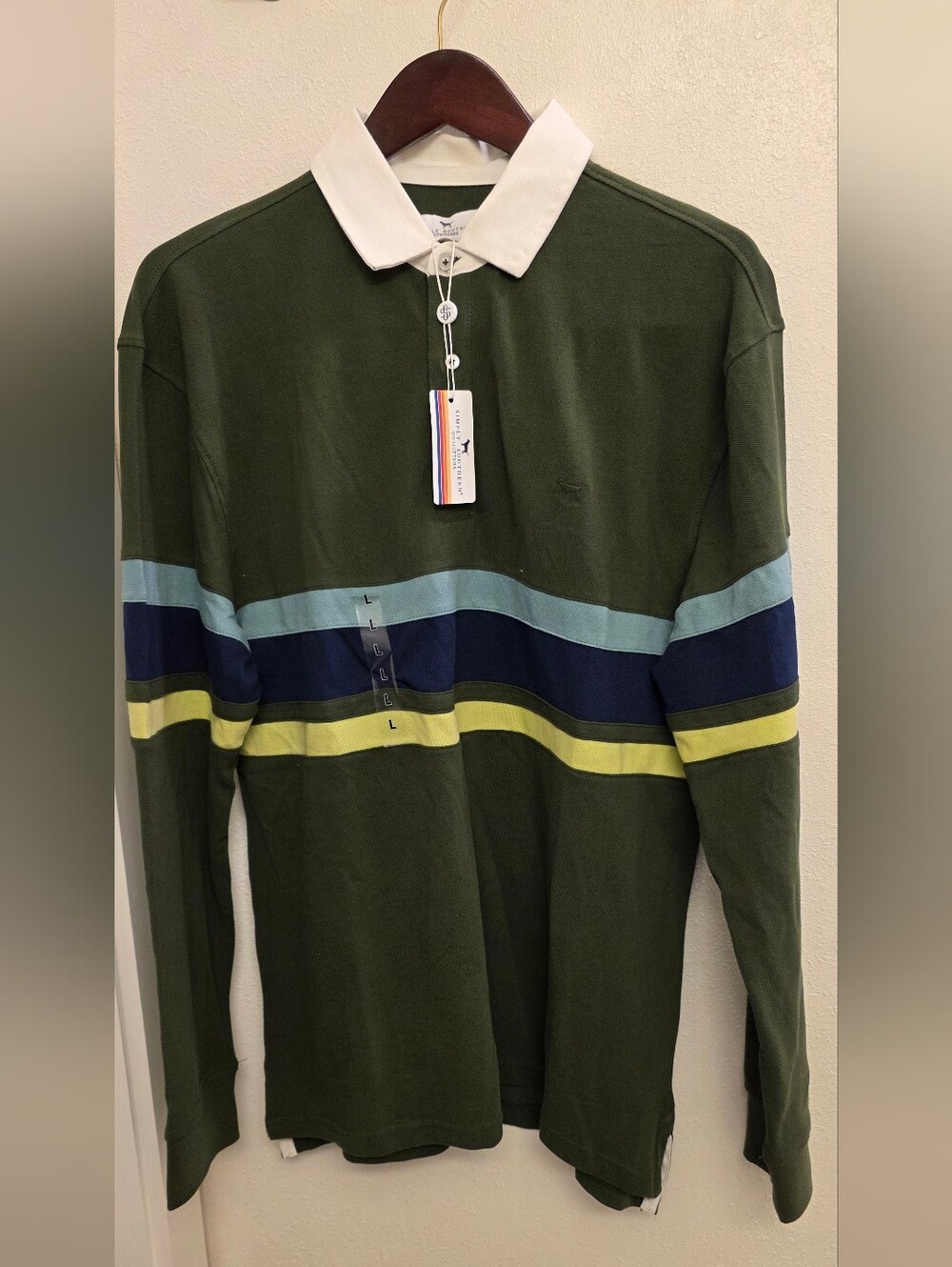 Simply Southern Olive Green Long-Sleeve Rugby Polo with Blue and Lemon Stripes L